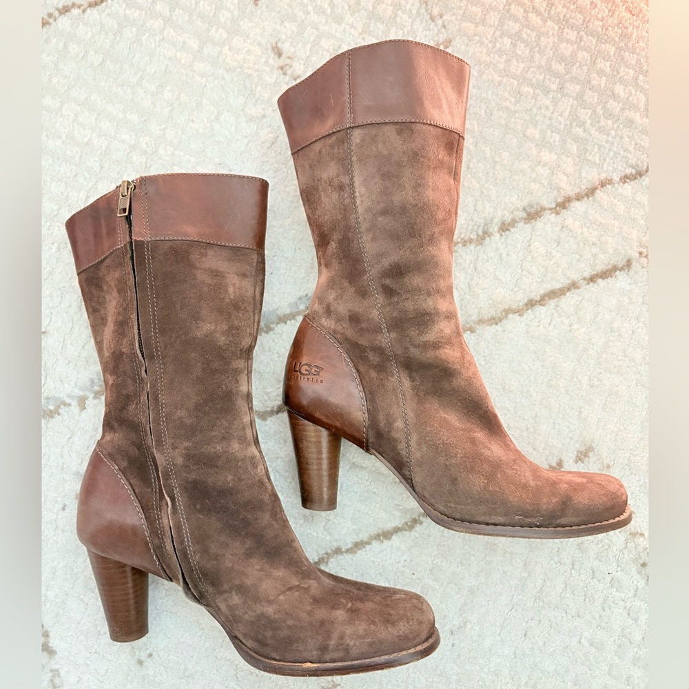 UGG Chocolate Brown Suede Leather Mid-Calf Heeled Boots Y2K Fall Boho Chic 8 - Picture 3 of 8